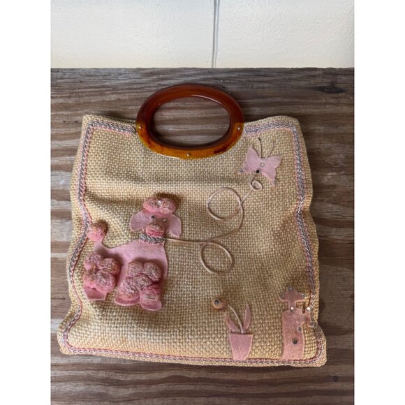 Vintage Handbags - Vintage Woven Straw Handbag With Pink Poodle Appliqué Orange Striped Lining